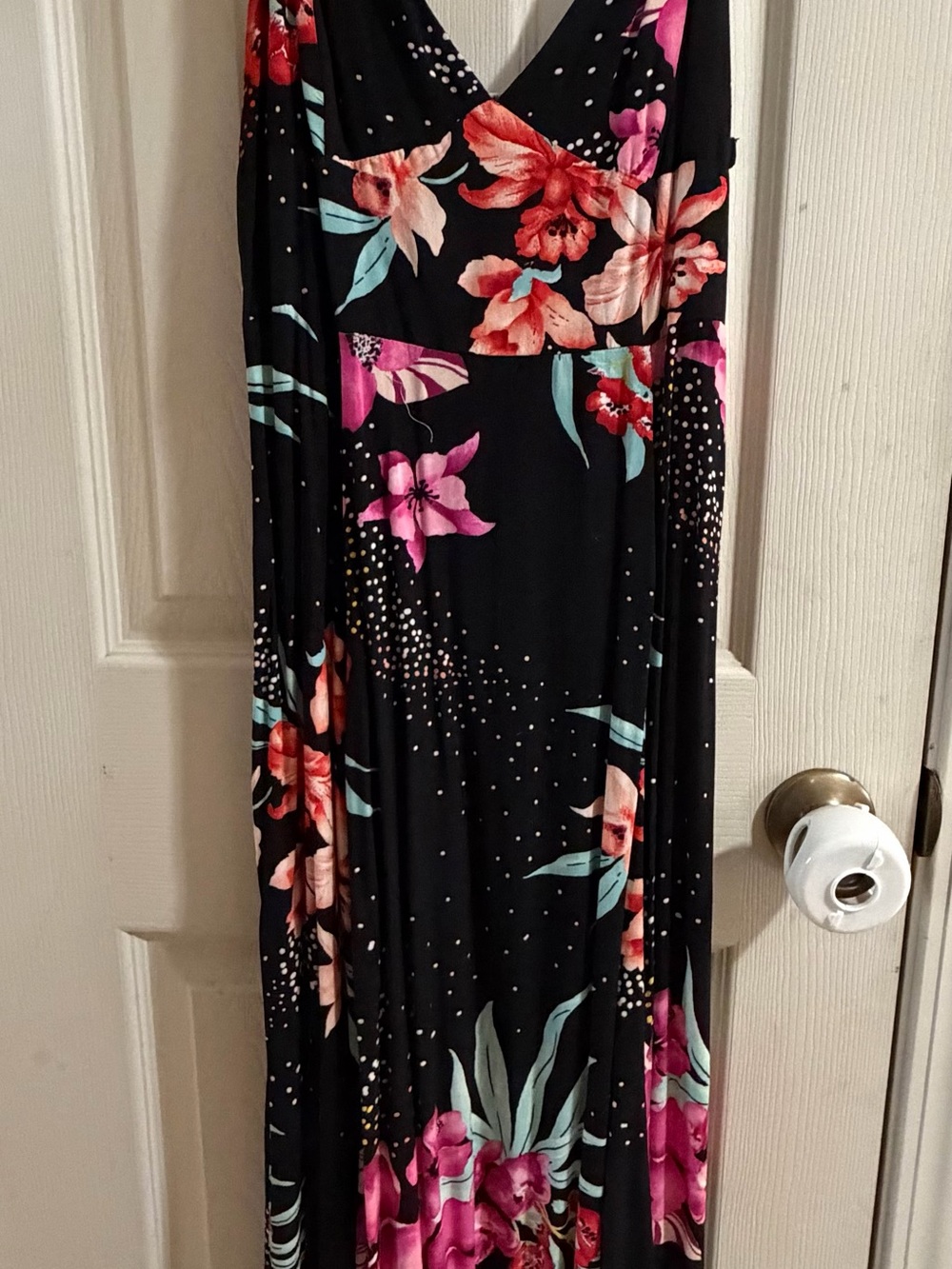 Black Floral Maxi Dress with Pink & Coral Lily/Tropical Blooms